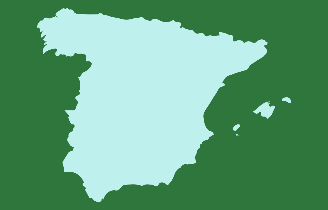 Light blue outline of Spain on a dark green background